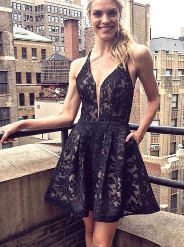 black a line v neck lace short prom homecoming dresses with pocket