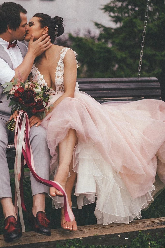 Sheer Round Neckline Pink Wedding Dress Backless Bridal Gown With Lace Appliques PW117