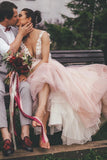 Sheer Round Neckline Pink Wedding Dress Backless Bridal Gown With Lace Appliques PW117