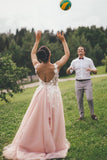 Sheer Round Neckline Pink Wedding Dress Backless Bridal Gown With Lace Appliques PW117
