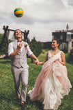 Sheer Round Neckline Pink Wedding Dress Backless Bridal Gown With Lace Appliques PW117