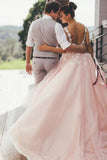 Sheer Round Neckline Pink Wedding Dress Backless Bridal Gown With Lace Appliques PW117