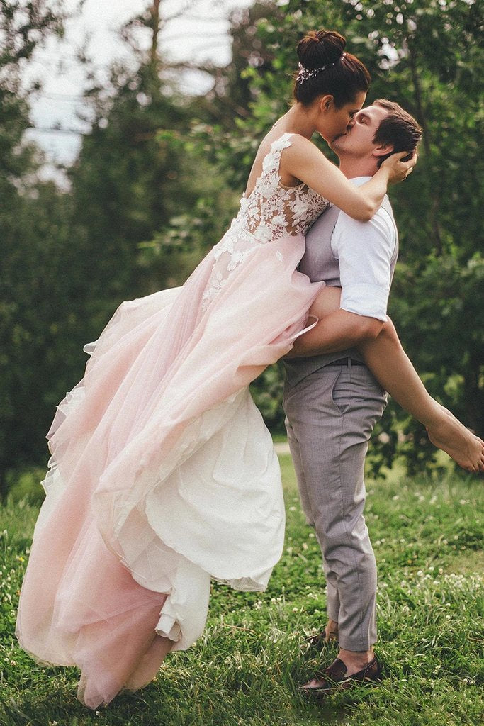 Sheer Round Neckline Pink Wedding Dress Backless Bridal Gown With Lace Appliques PW117