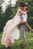 Sheer Round Neckline Pink Wedding Dress Backless Bridal Gown With Lace Appliques PW117
