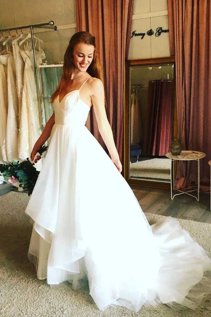 A-line V-neck Tulle Spaghetti Strap Wedding Dresses Boho Bridal Gown PW141