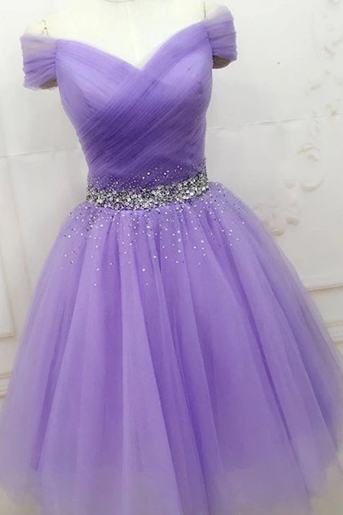 Off Shoulder Short Prom Dresses With Beading, Tulle Homecoming Graduation Dress PM01