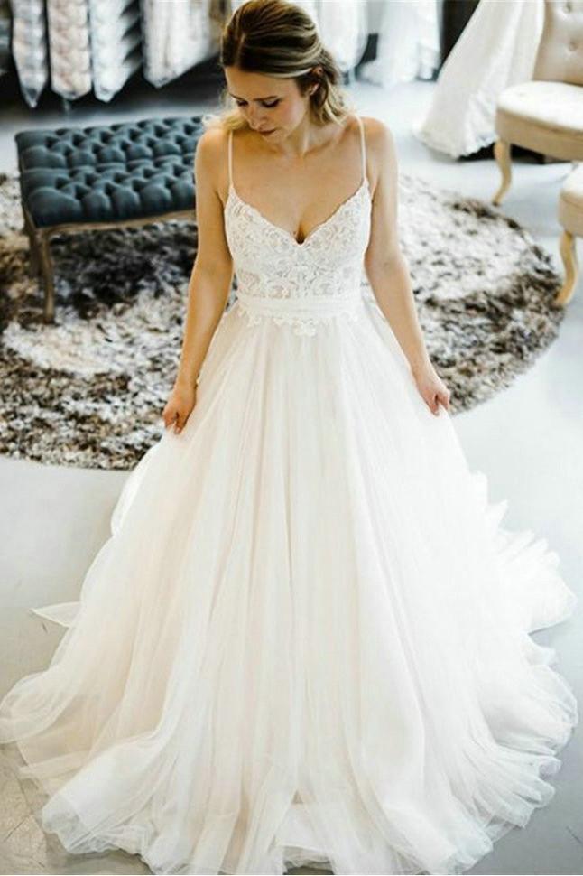 Lovely A-line Straps Wedding Dresses Backless Tulle Bridal Gown PW129