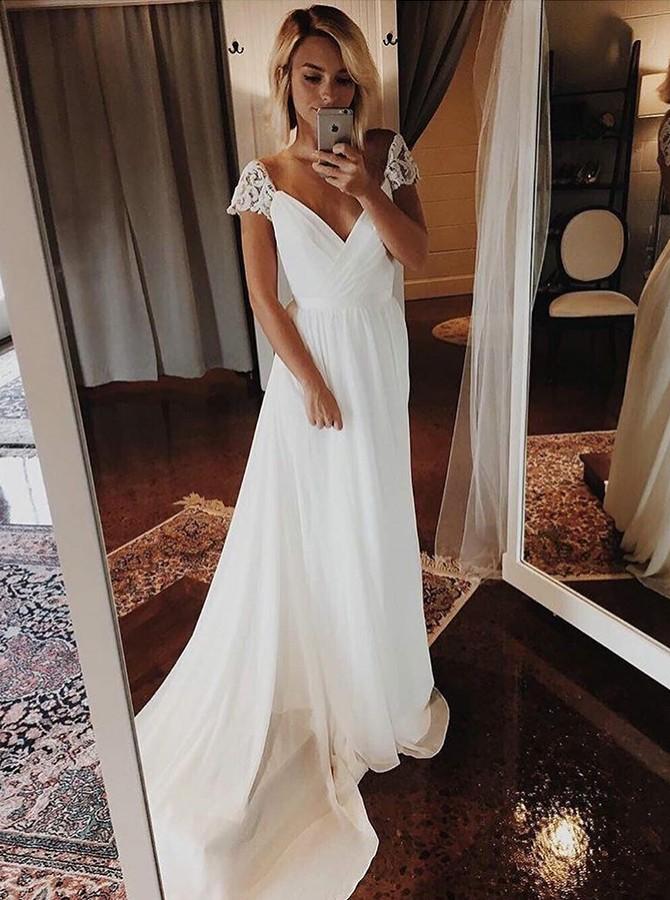 Simple Chiffon Wedding Dresses Bohemian Beach Bridal Gowns With Sleeves PW149
