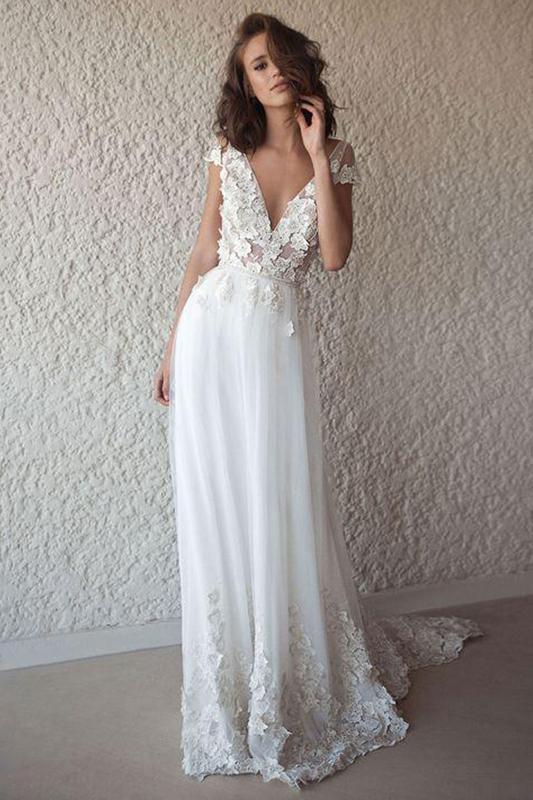 A-line V-neck Cap Sleeves Chiffon Beach Wedding Dresses With Appliques PW120