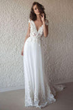 A-line V-neck Cap Sleeves Chiffon Beach Wedding Dresses With Appliques PW120