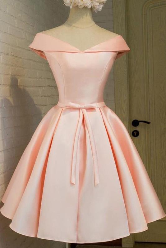 Princess Off Shoulder V-neck Satin Short Prom Homecoming Dresses GM05