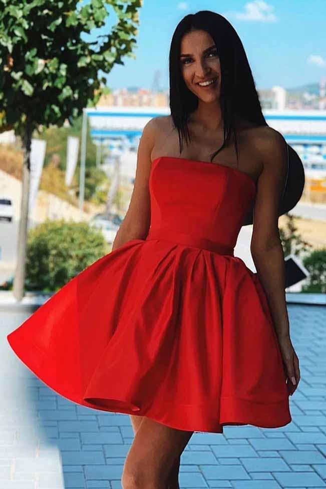 simple red satin strapless short homecoming dresses party dresses