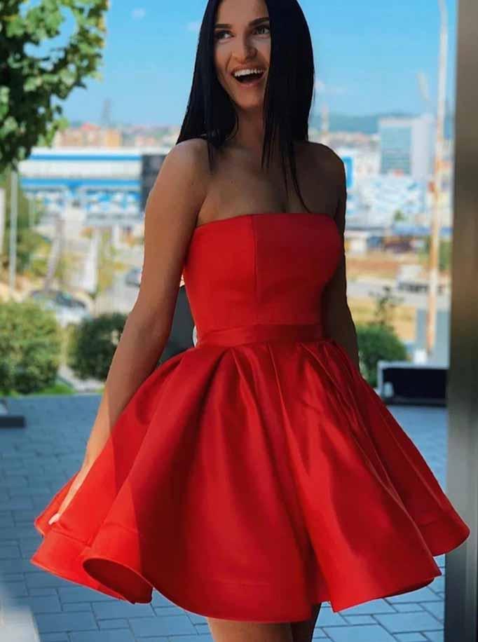 simple red satin strapless short homecoming dresses party dresses