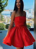 simple red satin strapless short homecoming dresses party dresses