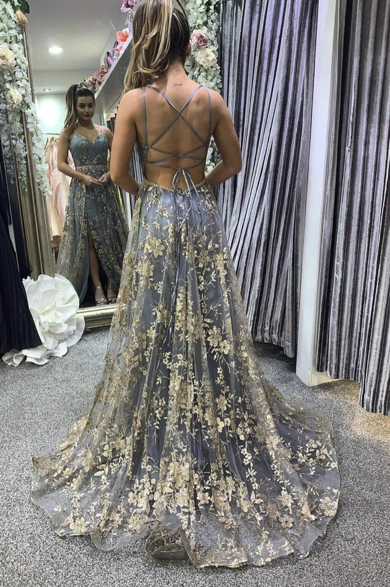 stylish tulle sequins long prom dresses backless slit long graudtion gown