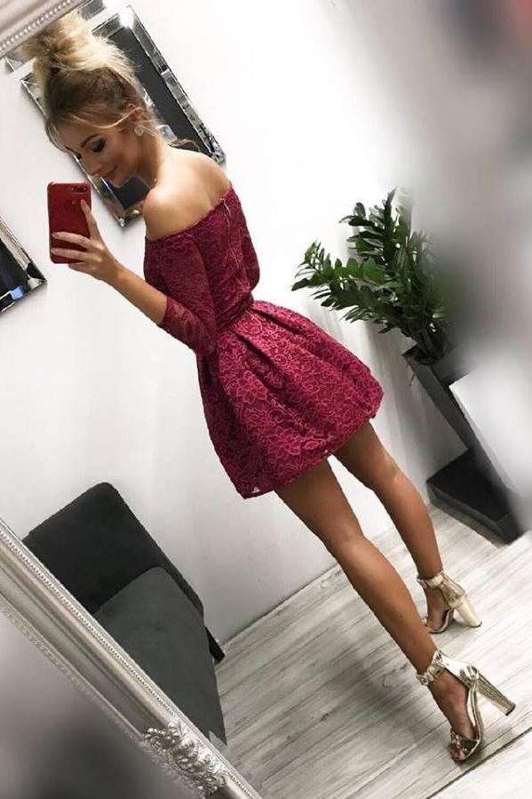 off the shoulder long sleeves burgundy lace homecoming dress