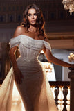 sparkly off the shoulder sequins mermaid bridal dress with detachable train