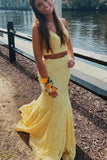 Yellow Mermaid Lace Long Prom Dress, Two Piece Graduation Gown GP274