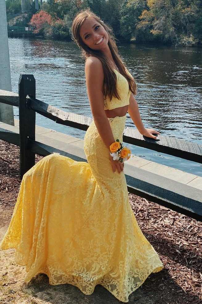 yellow mermaid lace long prom dress two piece graduation gown