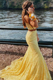 yellow mermaid lace long prom dress two piece graduation gown
