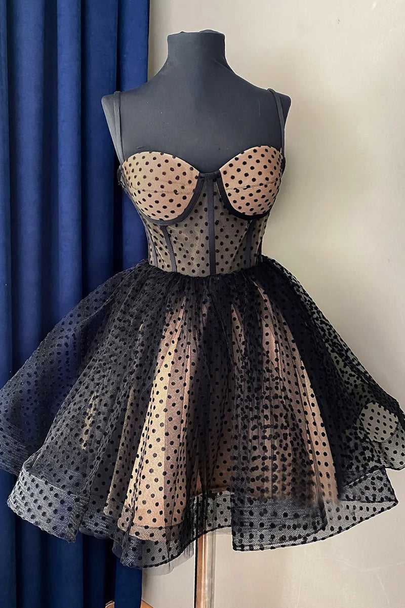 spaghetti straps polka dots tulle homecoming dresses see through short party dress