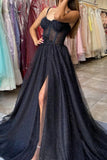 shiny black tulle long prom dress with appliques slit evening gown