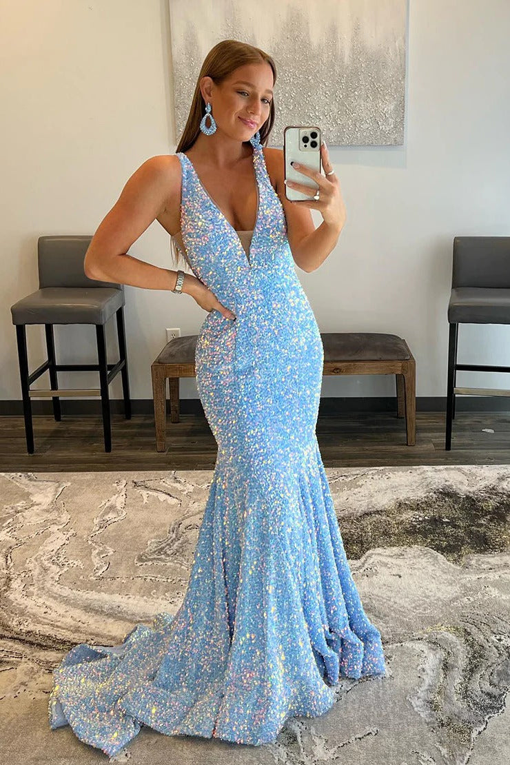 light blue v neck sequin mermaid backless prom dresses long formal dresses