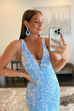 light blue v neck sequin mermaid backless prom dresses long formal dresses