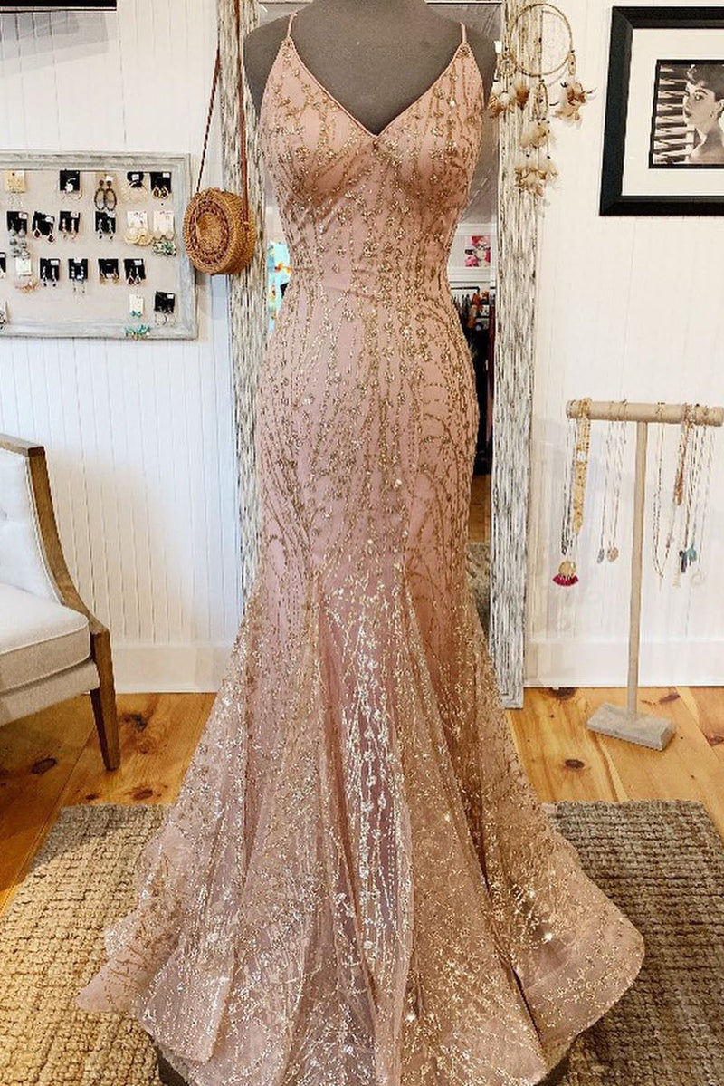 mermaid v neck rose gold long prom dress with criss cross back