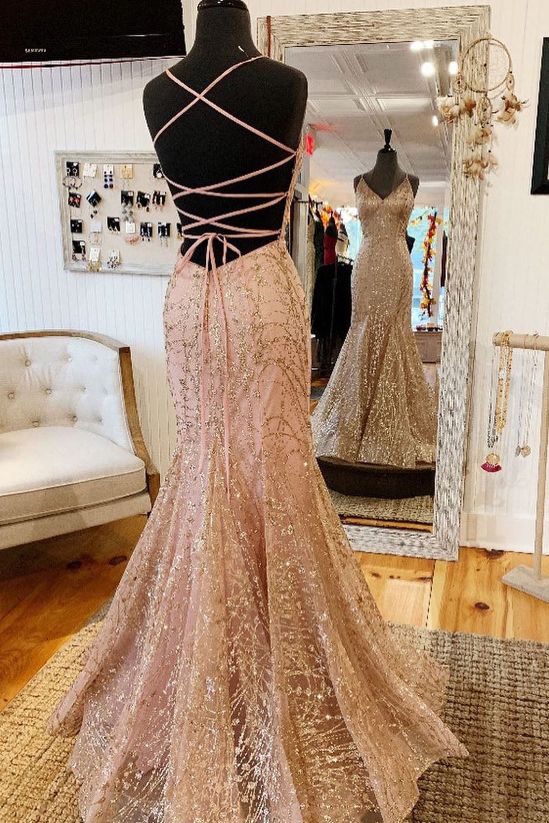 mermaid v neck rose gold long prom dress with criss cross back