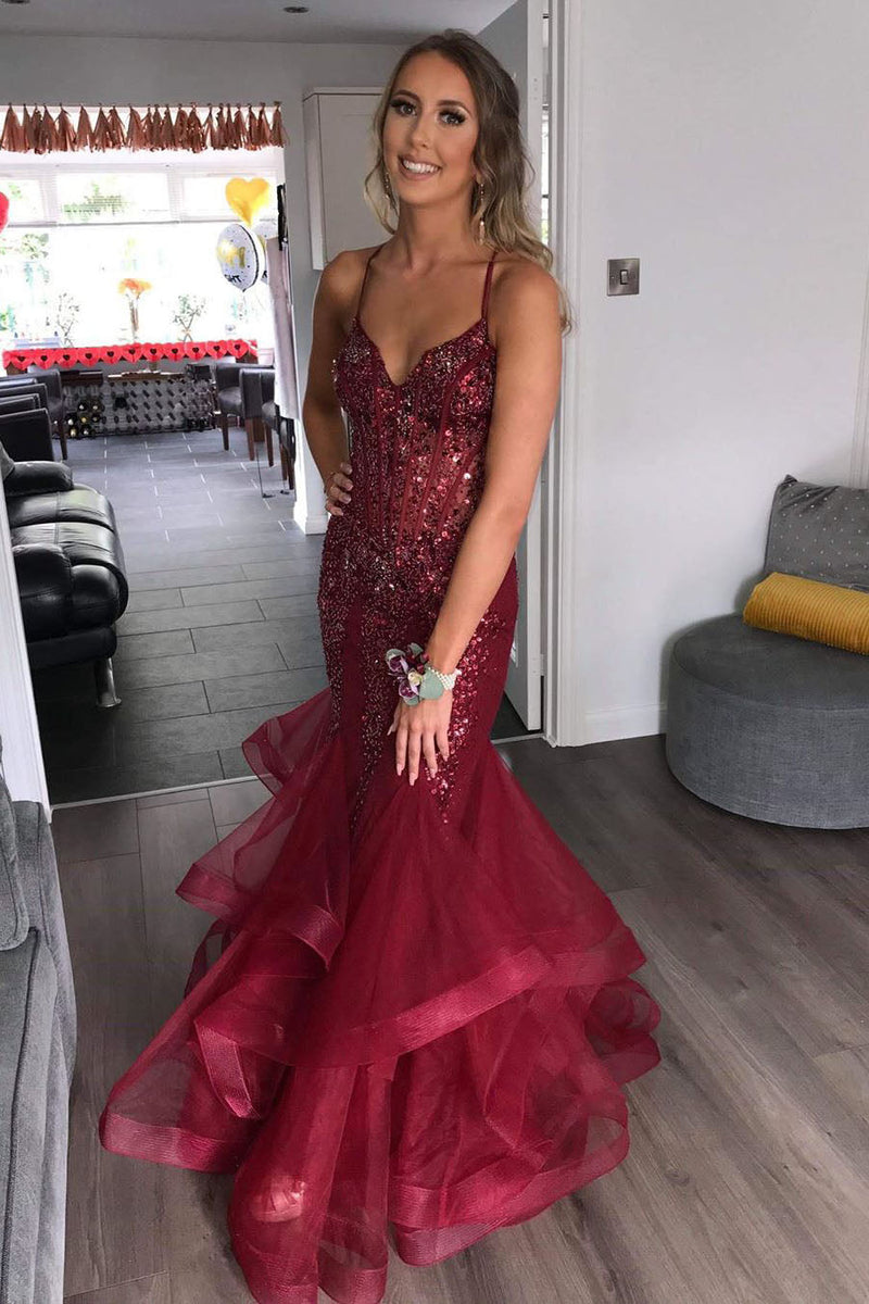 gorgeous v neck mermaid burgundy tulle beaded long prom dress with ruffles