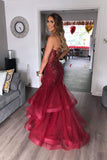 gorgeous v neck mermaid burgundy tulle beaded long prom dress with ruffles