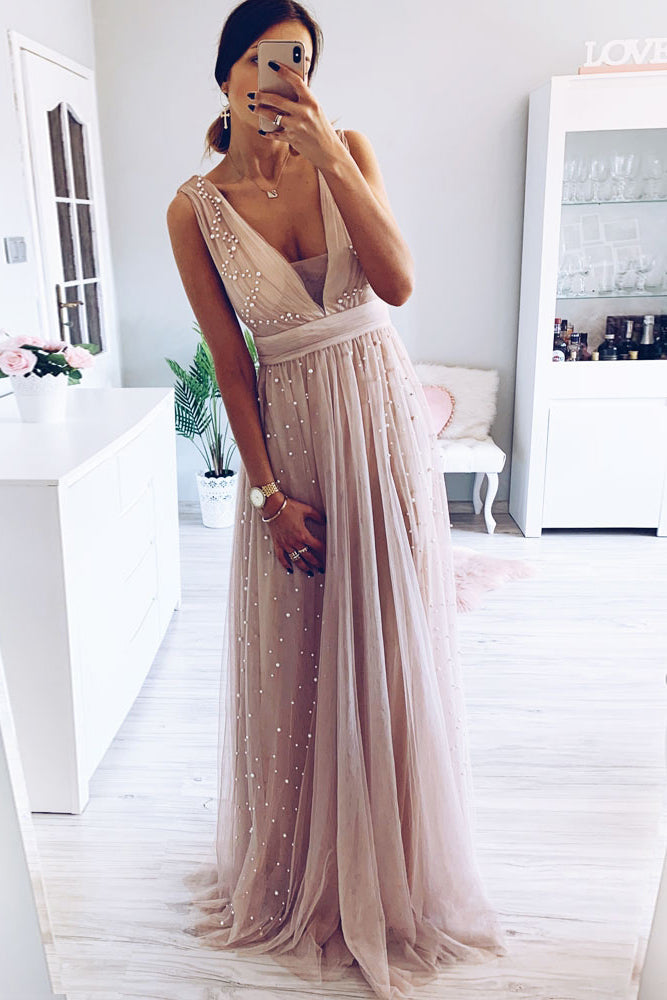 elegant a line v neck blush long prom dress