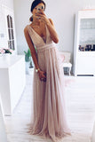 elegant a line v neck blush long prom dress