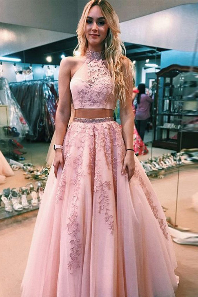 halter two piece pink tulle prom dress with beaded appliques