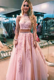 Halter Two Piece Pink Tulle Prom Dress With Beaded Appliques MP784