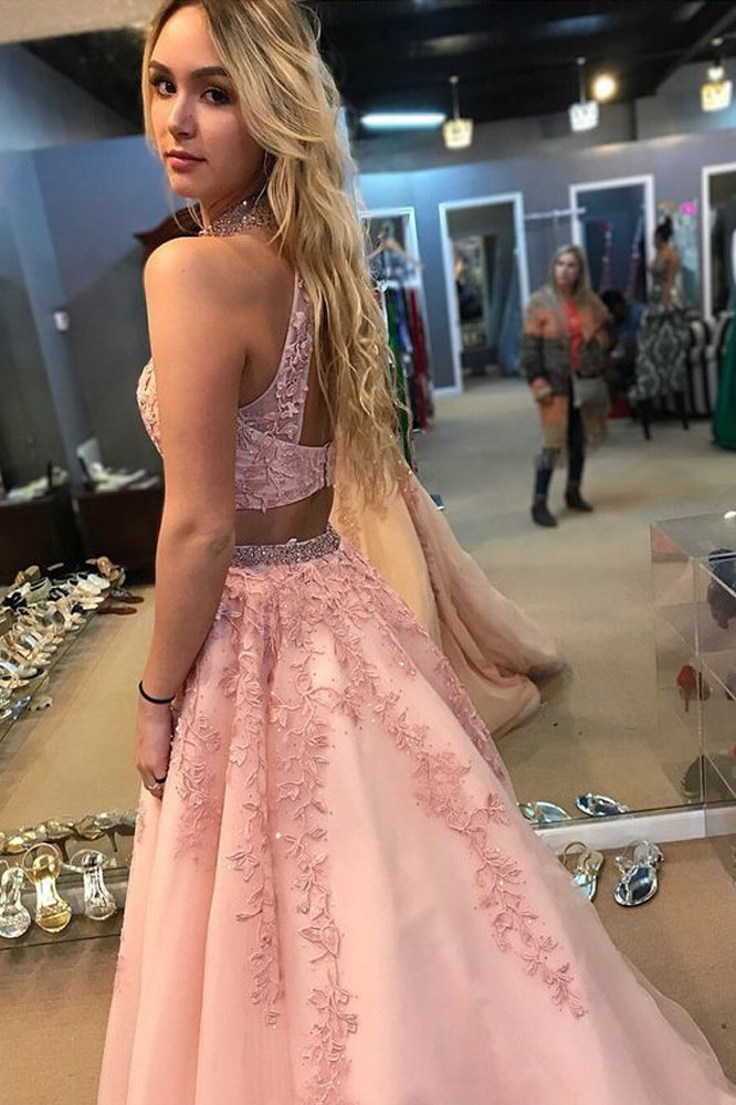 halter two piece pink tulle prom dress with beaded appliques