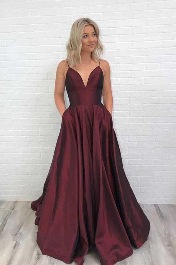 satin simple prom dress burgundy v neck evening dress with pockets