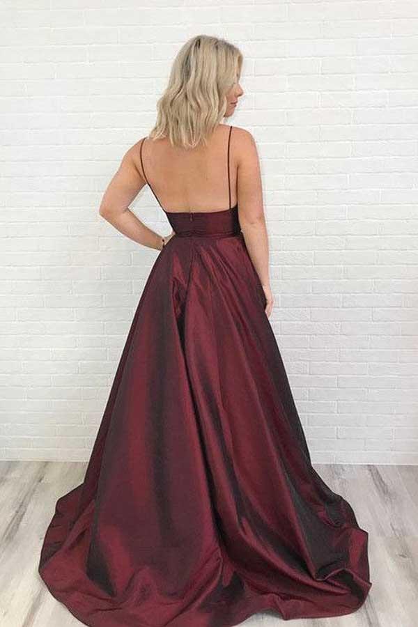 satin simple prom dress burgundy v neck evening dress with pockets