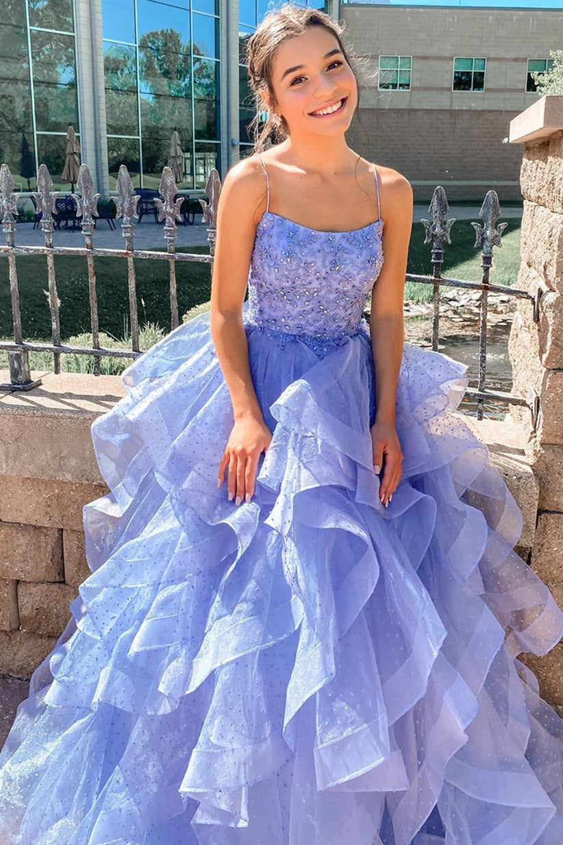 princess lavender long prom dress tiered ruffles graduation gown