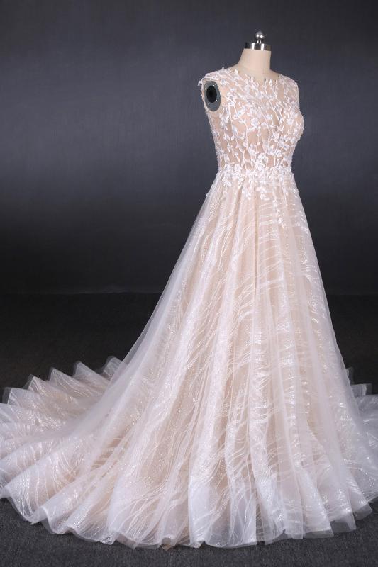 Sparkly Lace Appliqued Wedding Dress V-back Long Bridal Dresses PW97