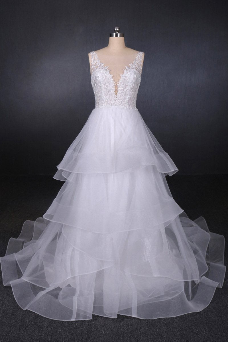 Princess V Neck Tulle Backless Wedding Dresses With Layered PW94