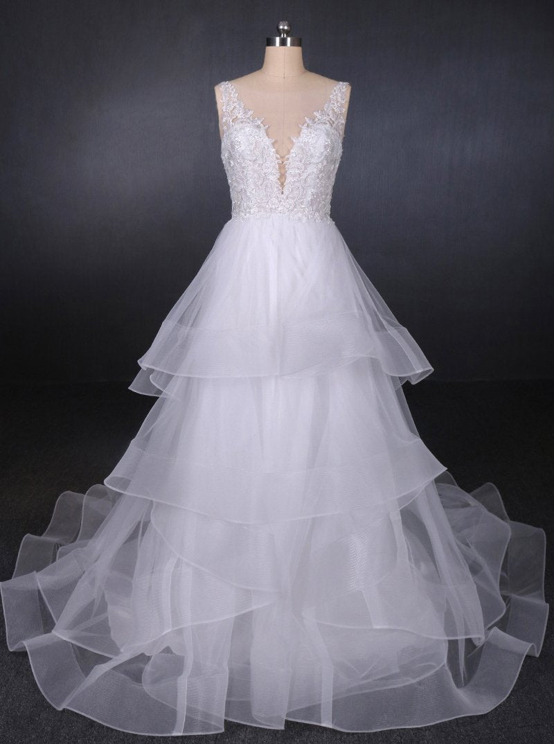 Princess V Neck Tulle Backless Wedding Dresses With Layered PW94