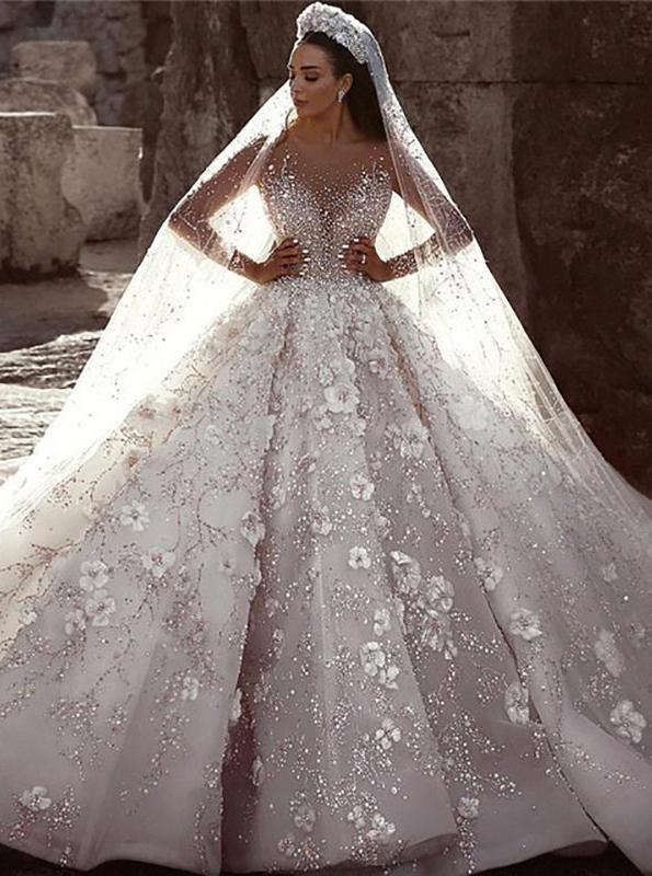 Gorgeous Long Sleeves Flowers Ball Gown Wedding Dress With Sequin Beaded PW95