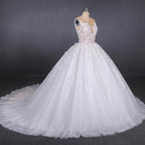 Round Appliques Ball Gown Tulle Wedding Dresses With Button Back PW90