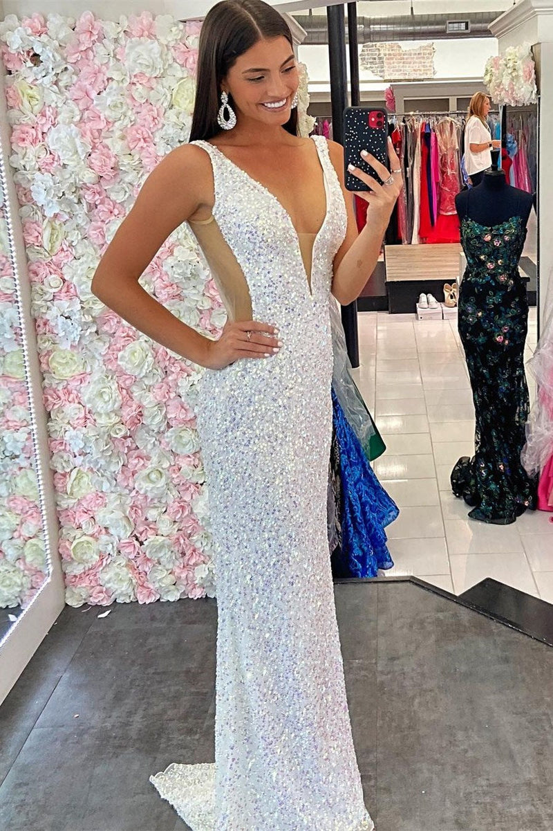 white sequin v neck mermaid long formal dress sparkly prom dress