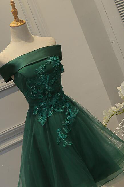 off shoulder dark green short party dress tulle homecoming dress
