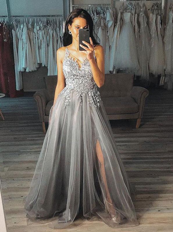 A Line V Neck Appliques Tulle Grey Long Prom Dress With Split MP202