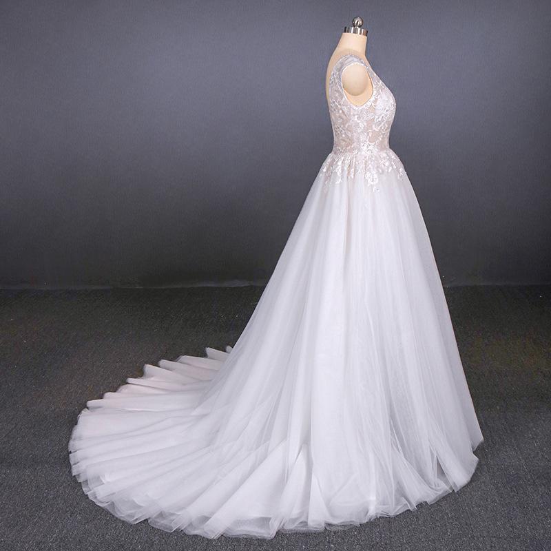 Tulle Beach Wedding Dresses with Appliques, V-neck Backless Bridal Dress PW115