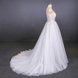 Tulle Beach Wedding Dresses with Appliques, V-neck Backless Bridal Dress PW115